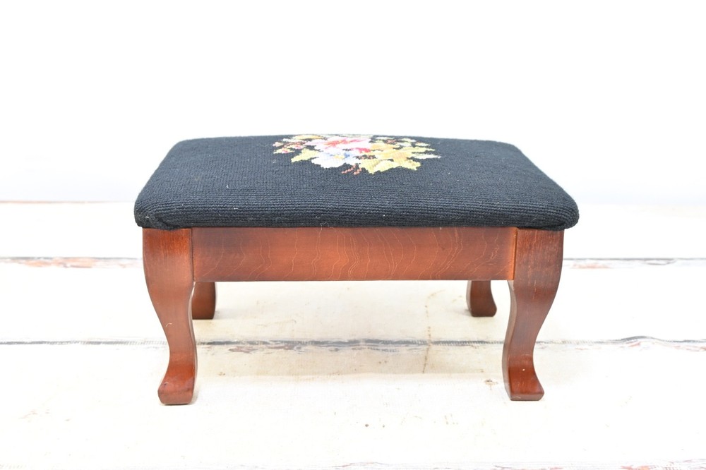 Vintage Floral Needlepoint Footstool Wool Rectangular Victorian Flowers 14.5x9.5