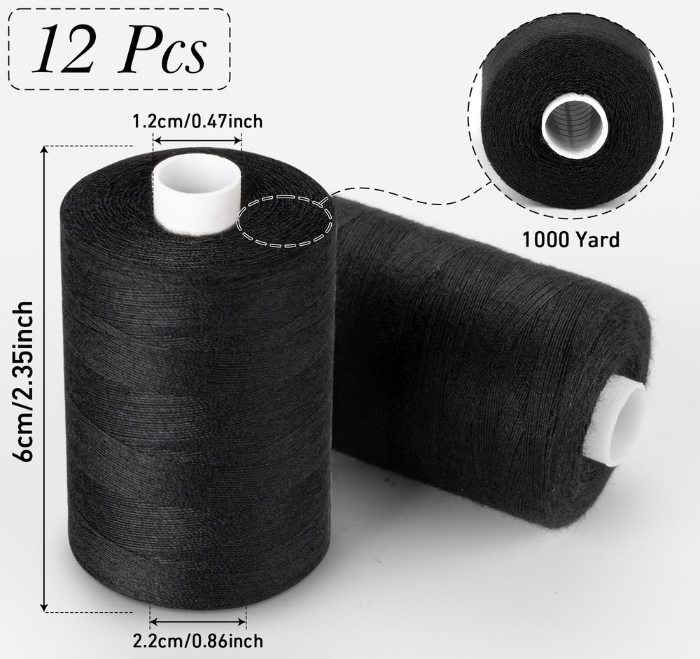 Sewing Thread 12 Spools Black Sewing Thread 1000 Yards per Polyester Thread S...