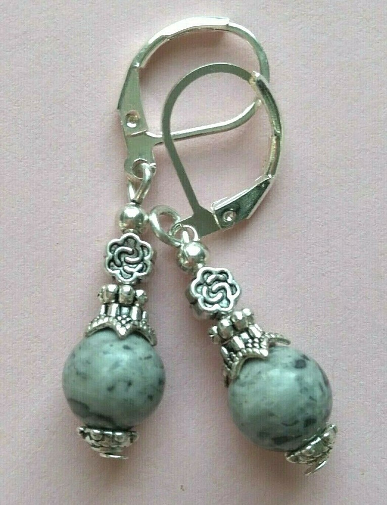 GREY JASPER drop earring SP LEVERBACK handcrafted XGE