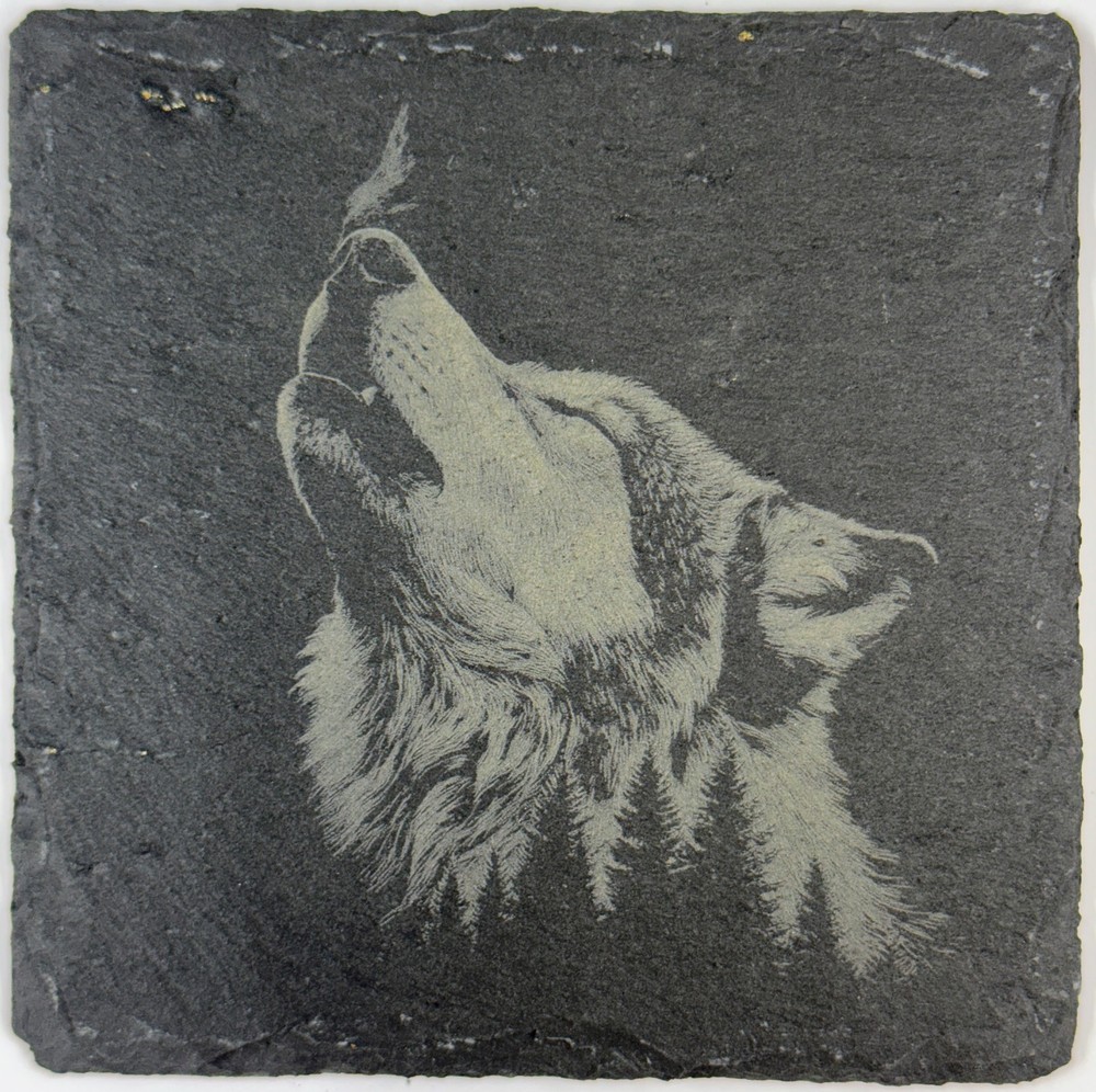 Wolf Slate Coasters – Laser Engraved Rustic Wildlife Drinkware