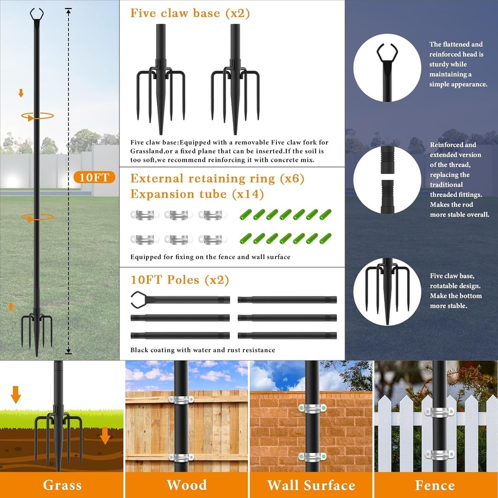 10 Ft Heavy Duty String Light Poles 2 Pack - Outdoor Decorative Support for
