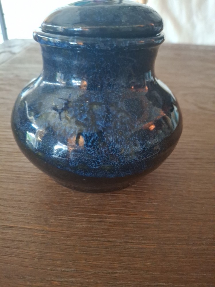 Studio Art Lidded Jar Dark Blue Glaze Pretty Shape Substantial Use Or Admire It!