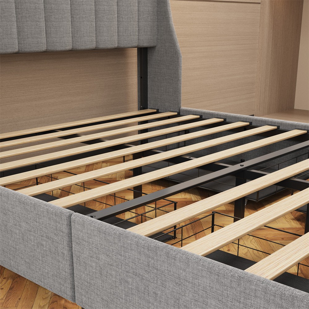 Queen Size Bed Frame Upholstered Platform Bed w/ LED Lights Headboard & 4 Drawer