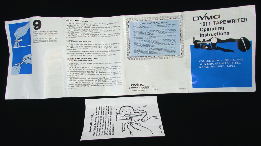 DYMO 1011 TAPEWRITER OPERATING INSTRUCTIONS Only