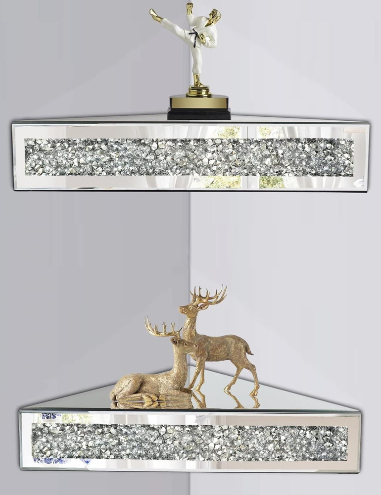 Mirrored Floating Corner Shelf, Silver Mirror Crushed Diamond Decorative Wall Sh