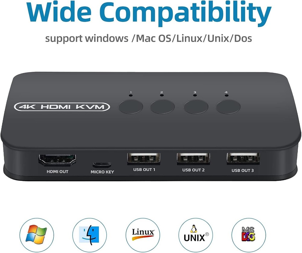 4K HDMI KVM Switch, 4 Port USB Switch for 4 Computer Share a Black