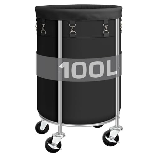 Laundry Hamper with Wheels, 100L Round Rolling Laundry Basket Sorter with Black