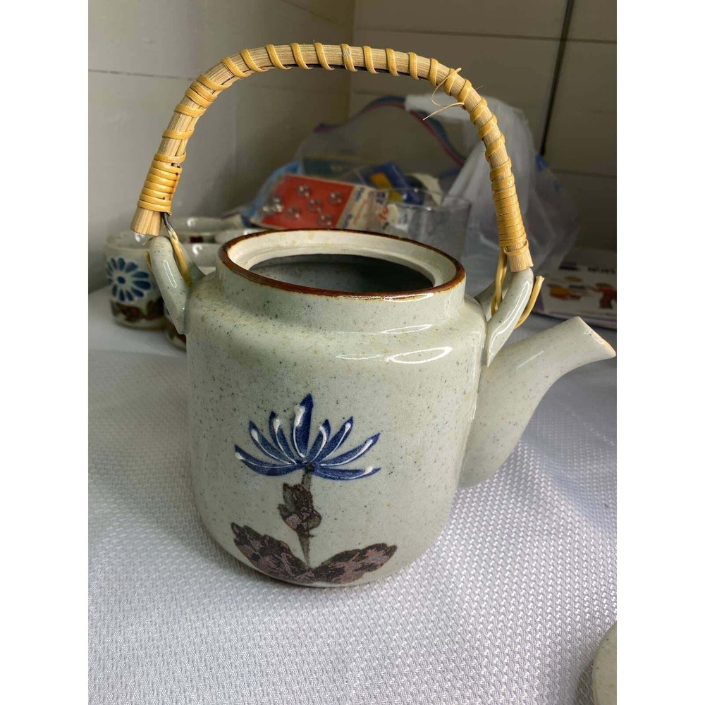 Stoneware Tea Set Kettle with Six cups Bamboo handle