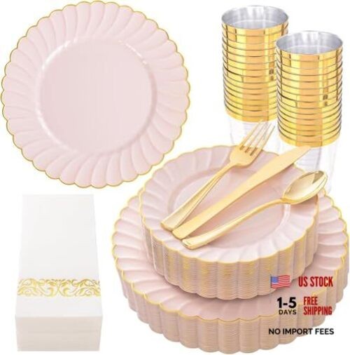 Scalloped Plastic Plates - Gold Disposable Dinnerware Set Include 175PCS Pink