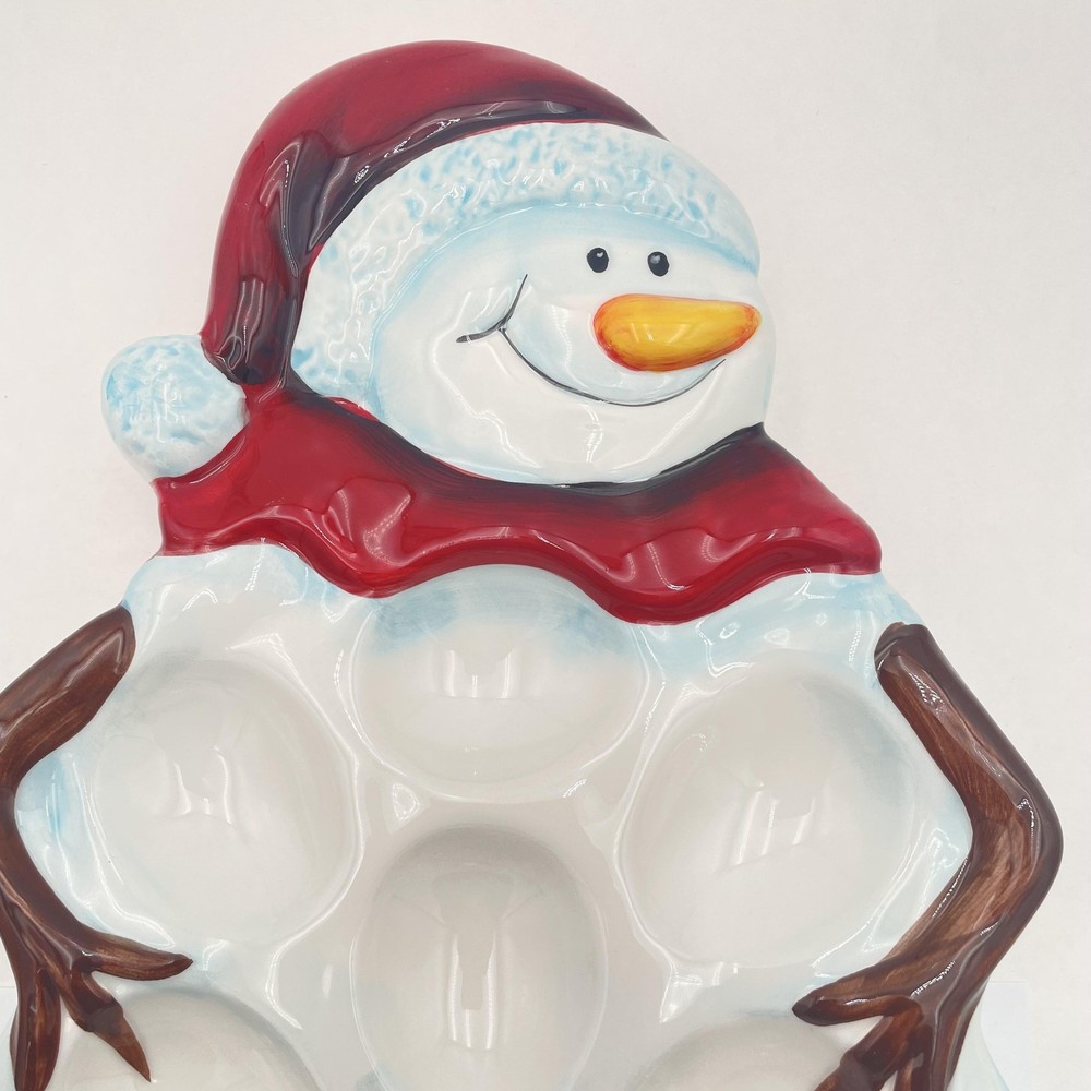 Tabletops Gallery Snowman Deviled Egg Platter Large Ceramic Christmas Multicolor
