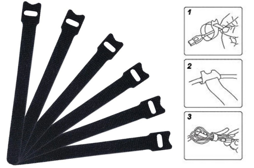 Black Cable Straps Wire Cord Hook & Loop Ties - Reusable Fastening Organizer