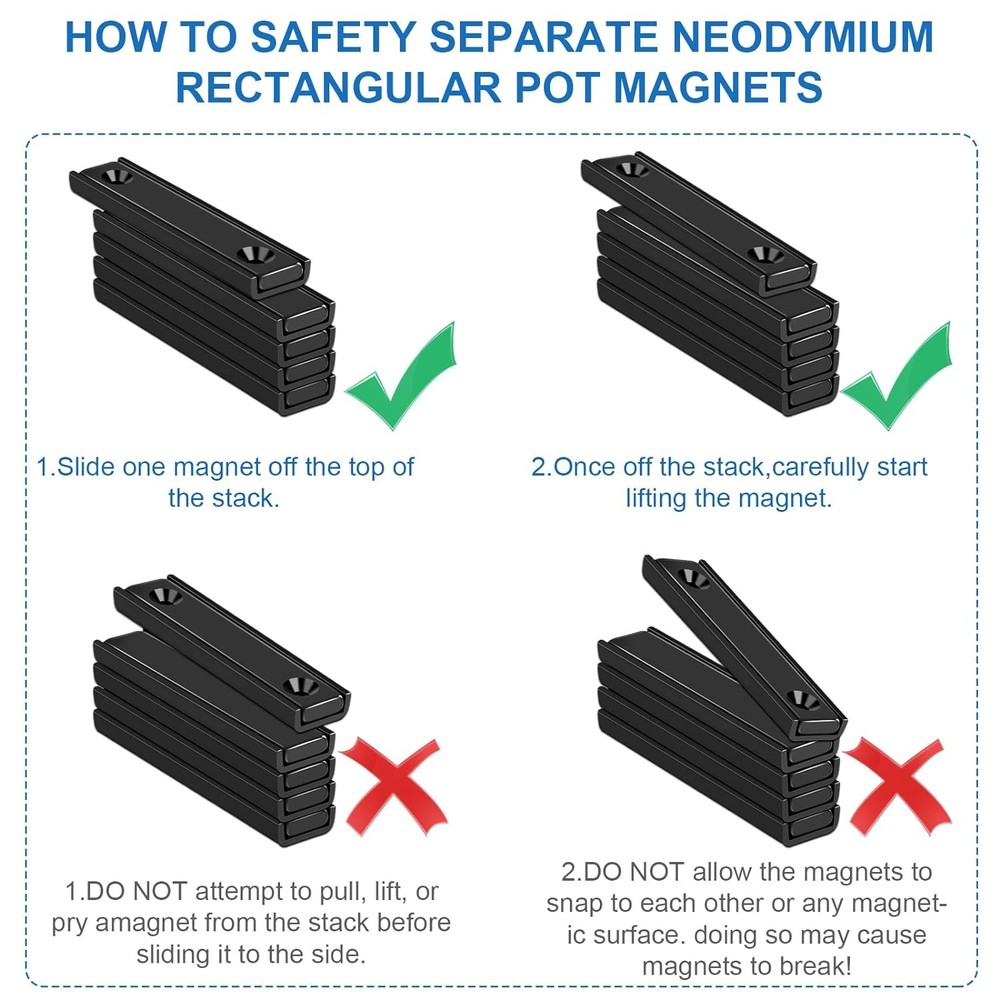 Neodymium Rectangular Black Pot Magnets, 60x13.5x5mm, 80lbs Pull Force, 6 PCK