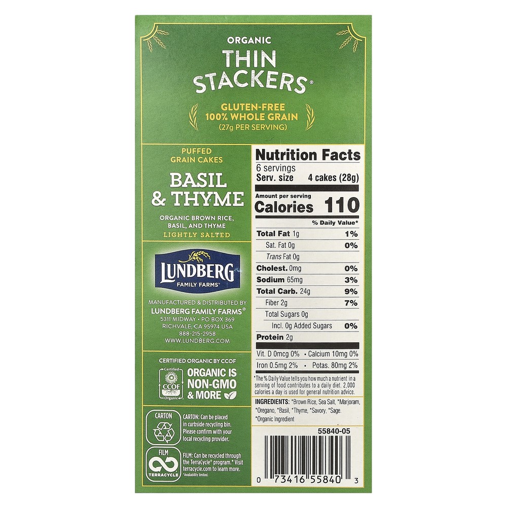 Organic Thin Stackers, Puffed Grain Cakes, Basil & Thyme, Lightly Salted, 24