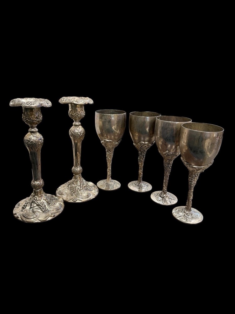 Godinger Silver Plate 4 Goblets & 2 Candlesticks Ornate Grape 9”
