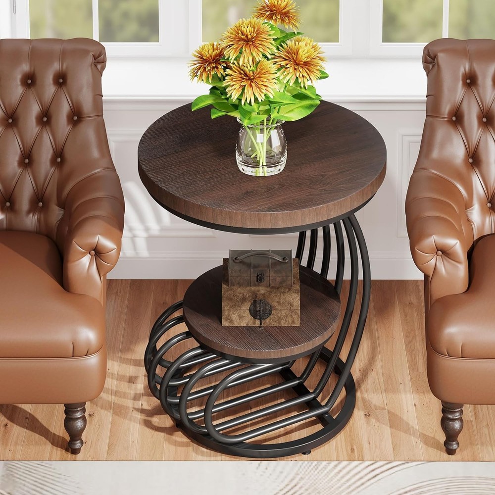Round End Side Table: Side Table with 2 Tiers Storage Shelves