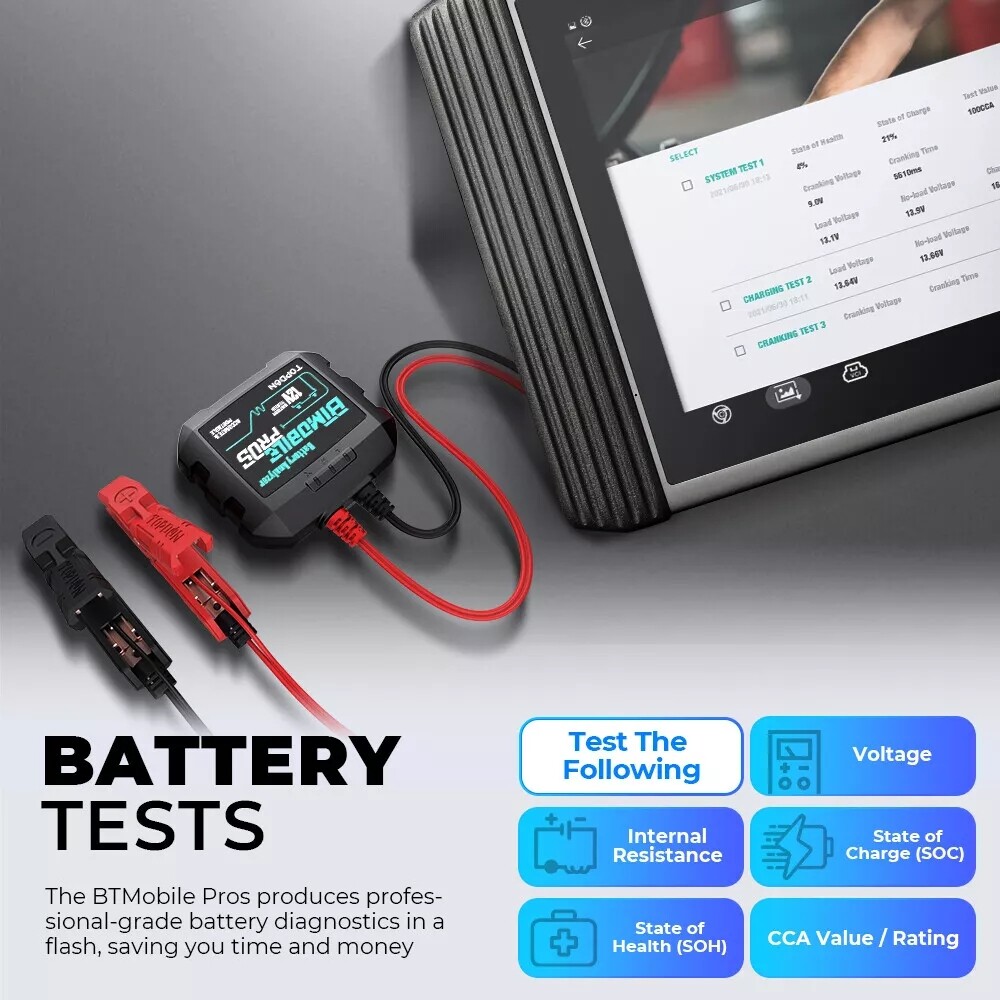 TOPDON BTMobile Pros Bluetooth 12V Battery Tester 100-2000 CCA Load Analyzer App
