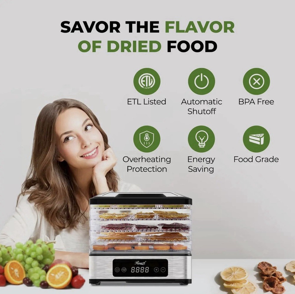 Rosewill Compact Food Dehydrator, 5 Stackable Trays with Adjustable 48H Timer an