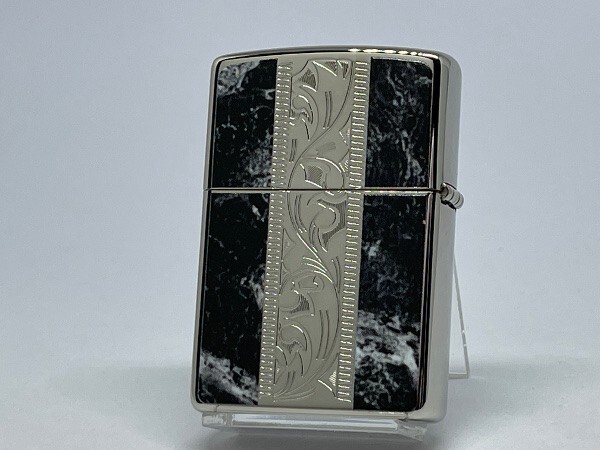Zippo Lighter Marble Engrave Arabesque Silver Black Etching Regular Case Japan