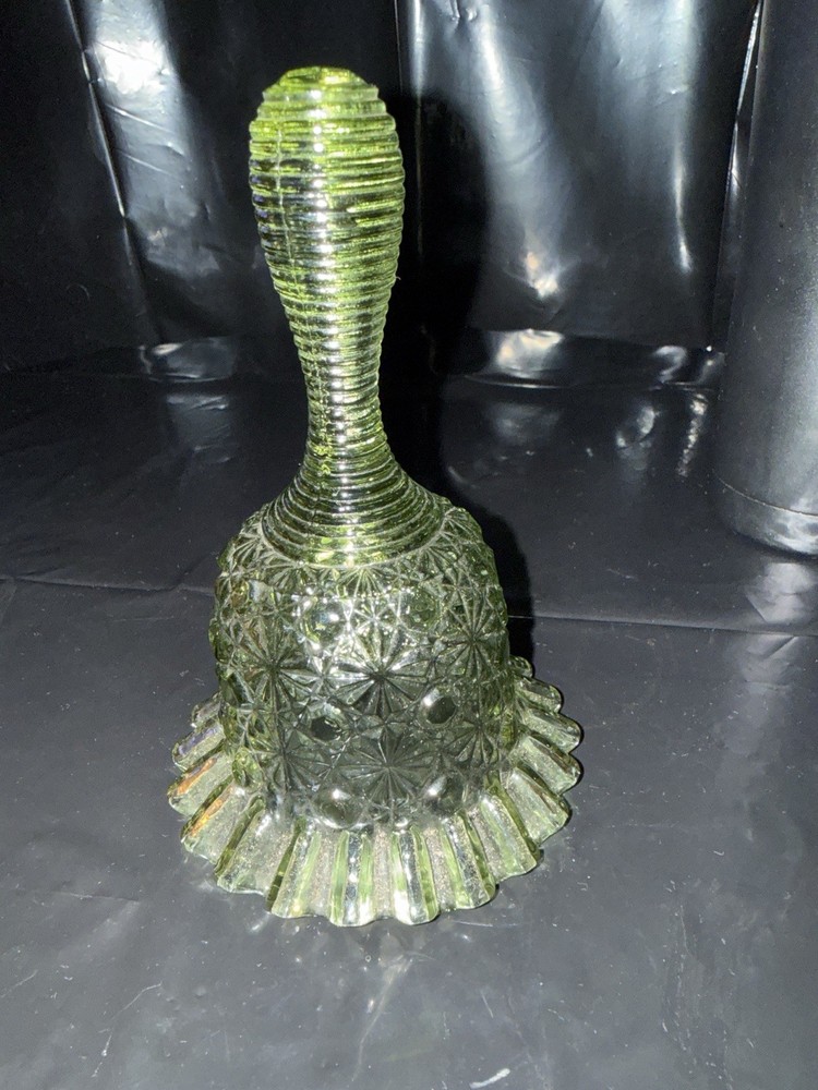 Vintage Green Pressed Glass Bell Daisy Button Pattern Fluted Base 6” Tall