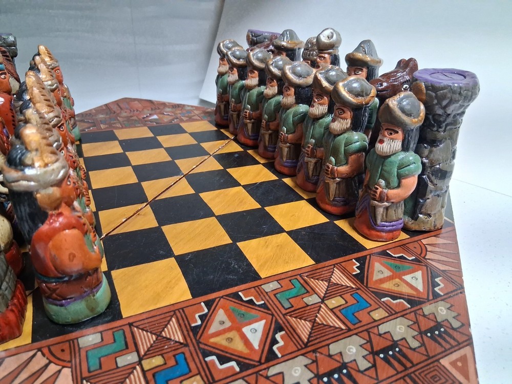 Aztec vs Spanish Conquistador Chess Set Handmade in Peru Foldable Board King 2"