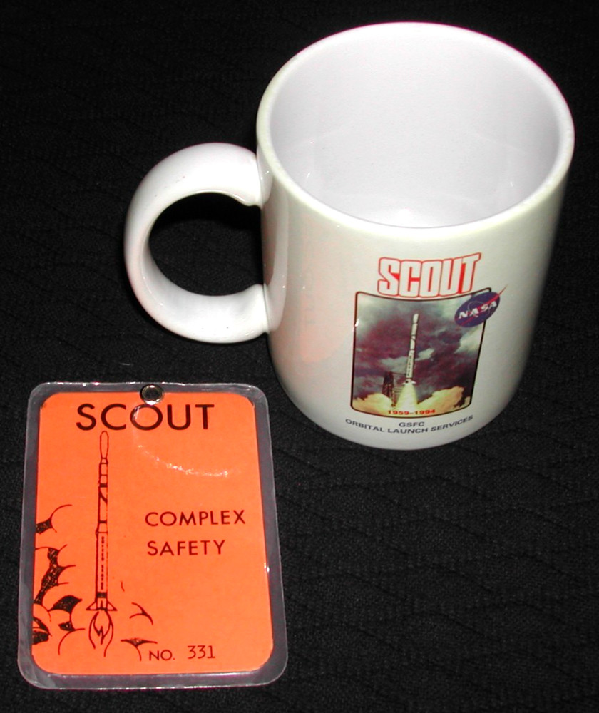 1994 NASA SCOUT Program Final Launch Coffee Cup & Vandenberg Complex Badge GSFC