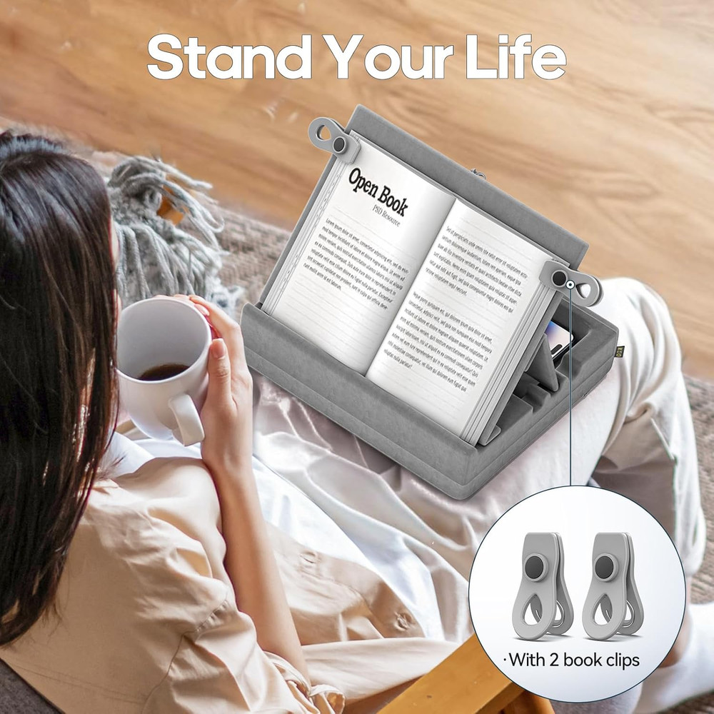 Book Stand with Storage, Multi-Angle Viewing Reading Tablet Holder for Lap, Bed,