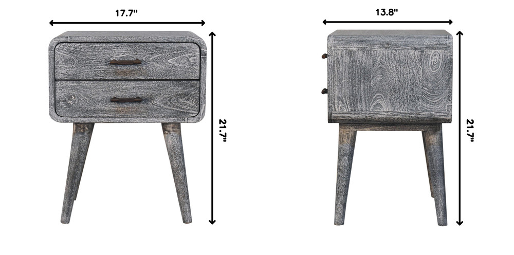 Solid Wood Sandblasted Ash Curved Bedside, 2-Drawers, Gray,Solid mango wood