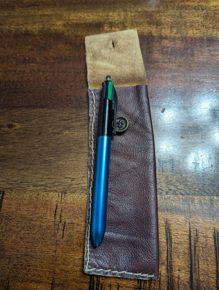 Handmade Brown Thin Leather Pen Bag With Fleur-De-Lis Button