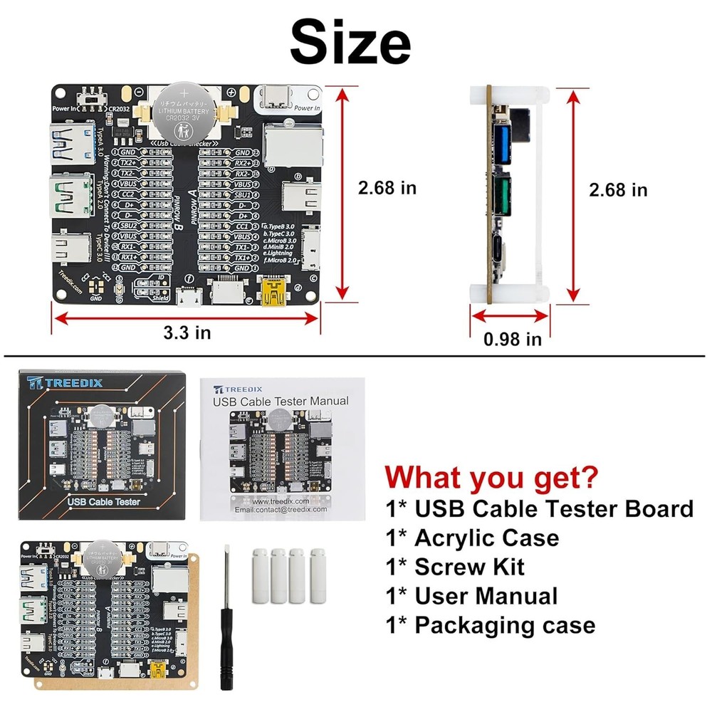 Acrylic-Cased USB Cable Tester - Battery Operated with Multi-Interface Support