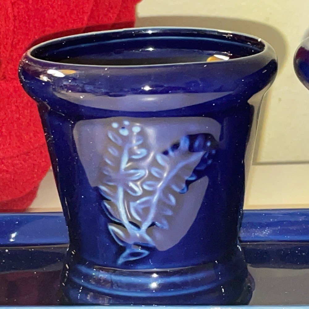 3 Cobalt Blue Succulent Ceramic Planters on Matching Base 3 3/4" Embossed