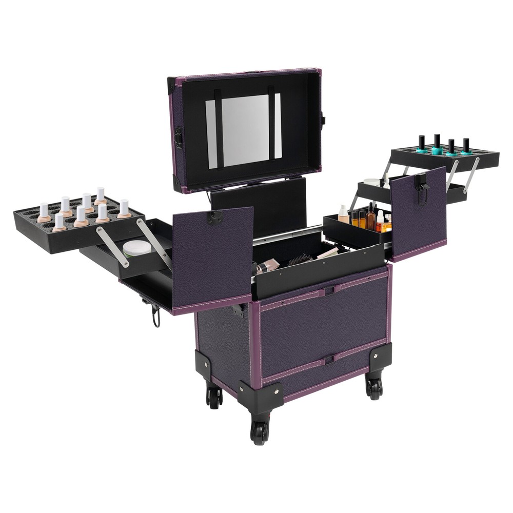 Modern Rolling Makeup Train Case Trolley Cosmetic Organizer Box with Mirror