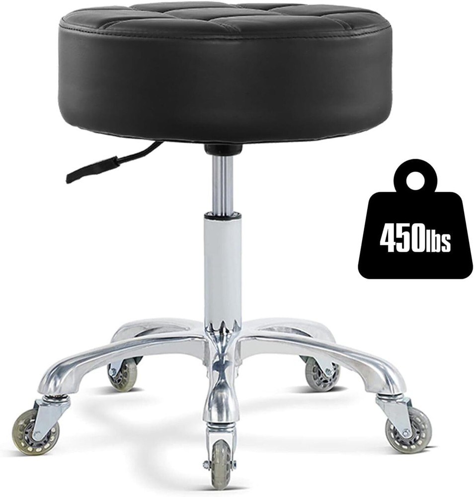 Rolling Stool with Adjustable Height – Super Thick Cushion, Black