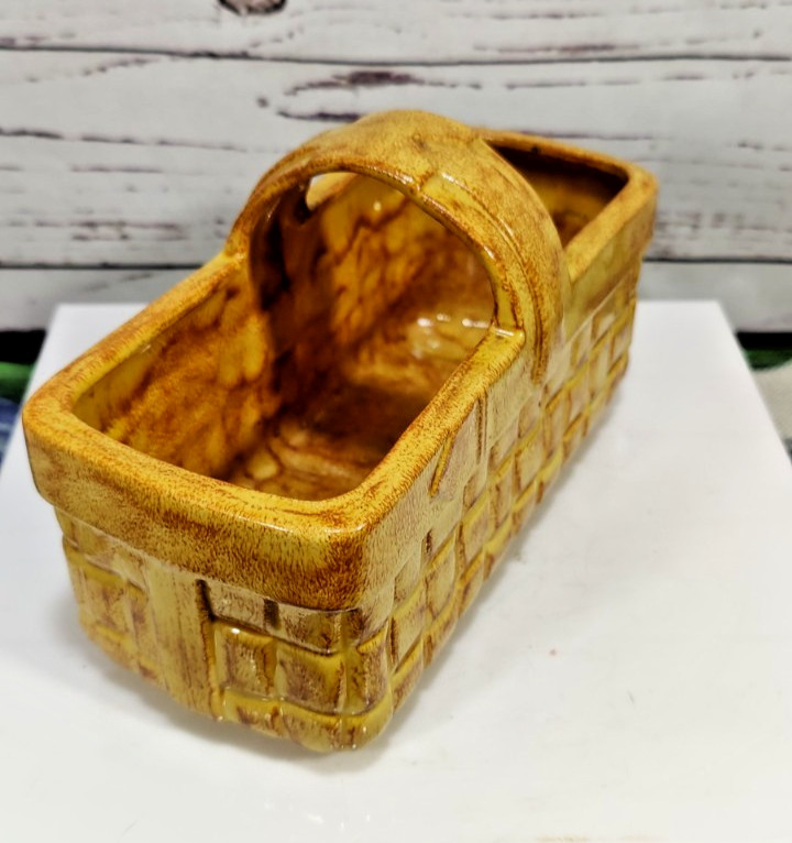 Vintage Golden Brown Painted Ceramic Rectangular Basket Shaped Planter