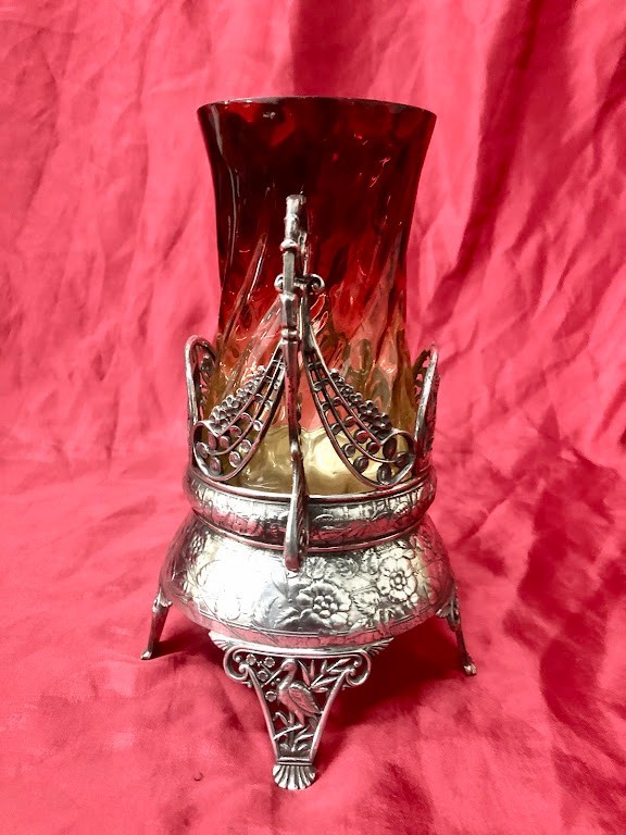 Antique Multi-Colored Glass Celery Vase & Silverplated Castor