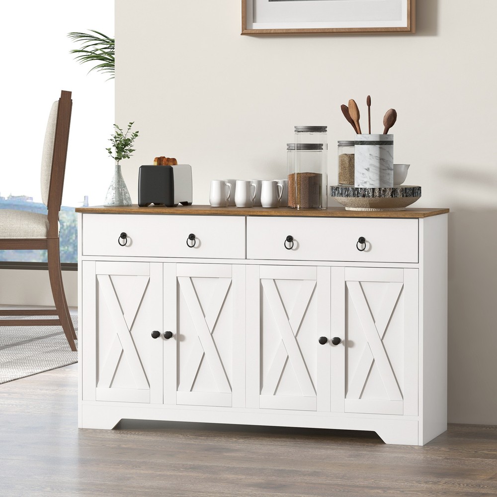 Kitchen Sideboard, Buffet Cabinet with Barn Doors, Adjustable Shelf, White