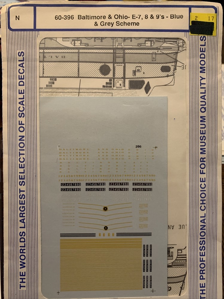Microscale Decal N 60-396 Baltimore & Ohio E-7, 8 & 9's Blue & Grey NOS