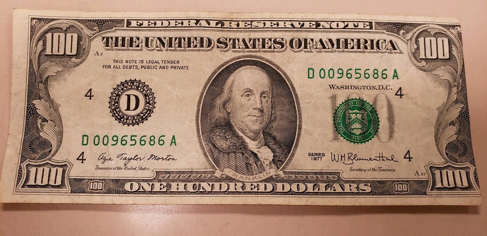 $100 DOLLAR MISALIGNED PRINT ERROR NOTE PAPER MONEY 1977