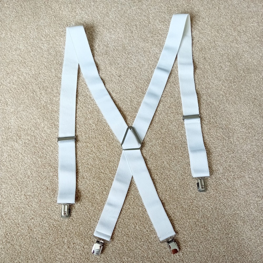 Men’s White Suspenders, Thick Adjustable, One Size