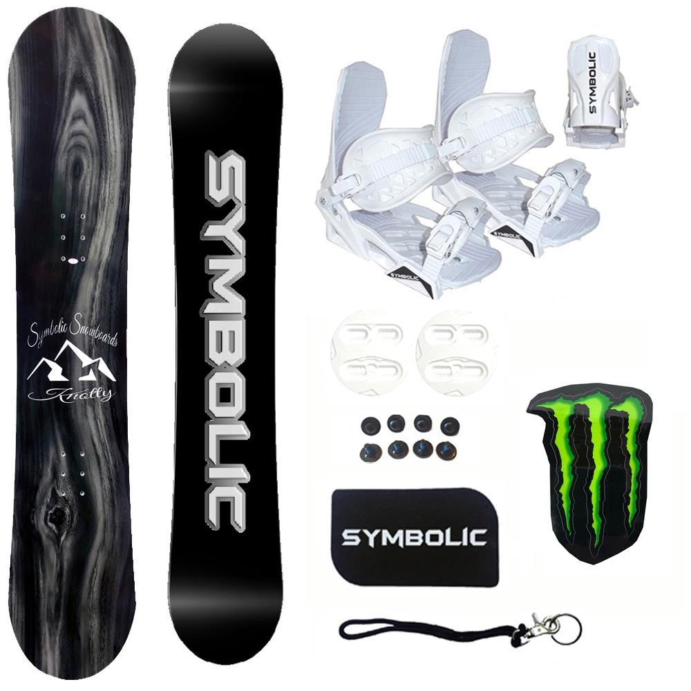 Symbolic Knotty Snowboard & Bindings Set & Leash, Stomp, Decal Complete Package