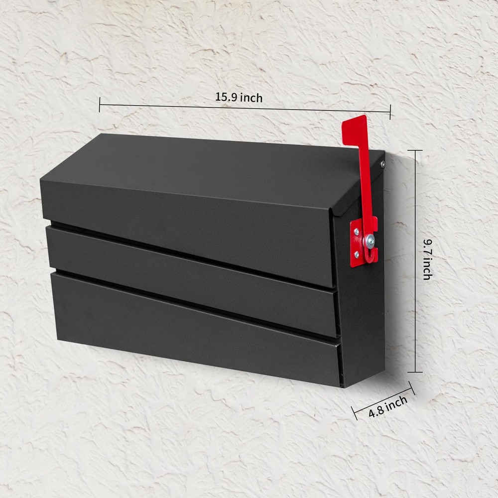 Wall-Mount Mailbox, Morden Mailbox for House, Rust Flag, Black