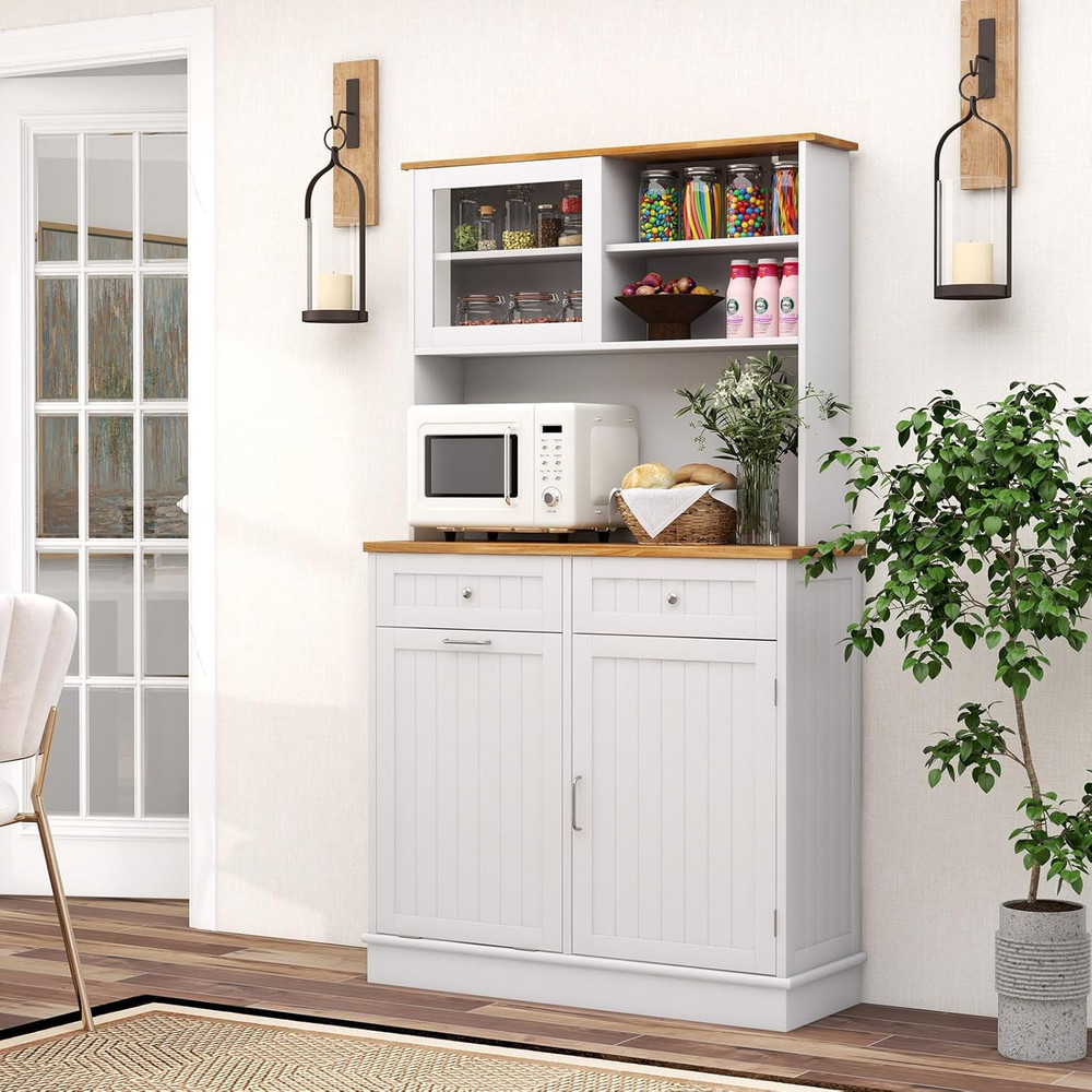 68" Kitchen Pantry Buffet with Trash Can, Drawers & Microwave Countertop