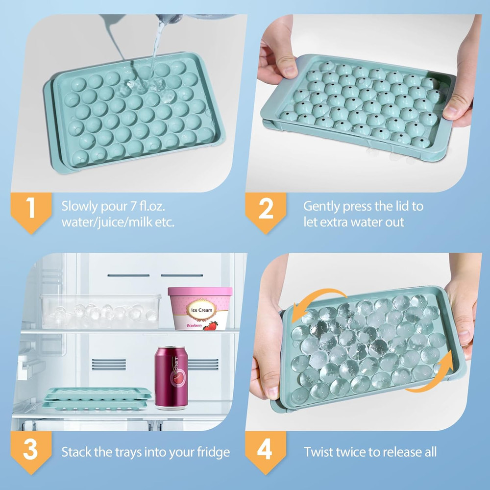 2-Pack Round Ice Cube Trays with Lid & Bin – Freezer Ice Container, Blue, 0.8"