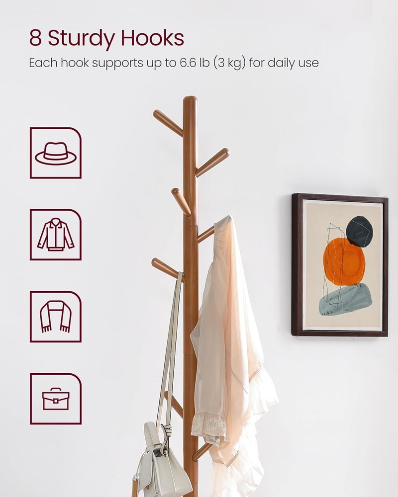 Solid Wood Coat Rack Free Standing Hall Coat Tree W/ 8 Hooks 3 Height Options