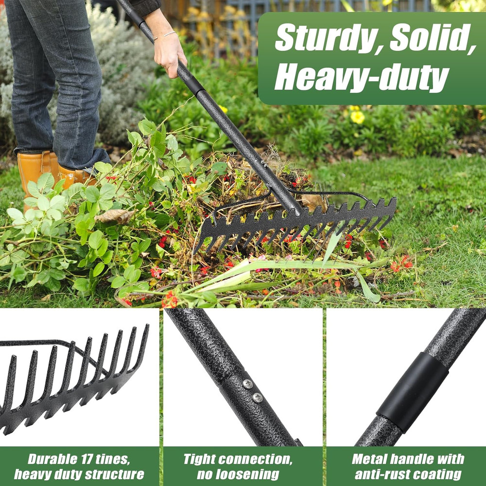 Garden Rake, 5FT Bow Rake Heavy Duty Leveling Rake with Adjustable Handle, 17 Ti