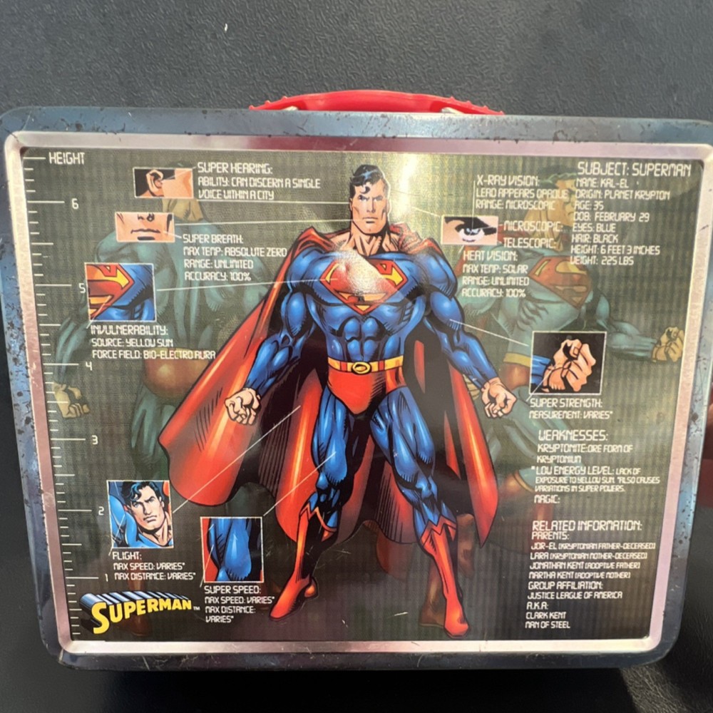 Superman Metal Lunchbox Embossed Graphics Collectible Red Handle