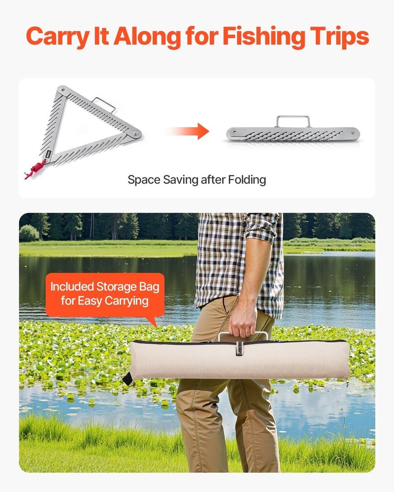 24in Floating Pond Rake, Triangular 3-Sided SS Weed Cutter, 30ft Rope, Portable