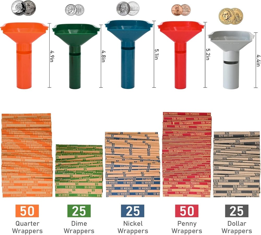 175 Assorted Coin Wrappers and 5 Durable Sorting Tubes - Organized & Convenient