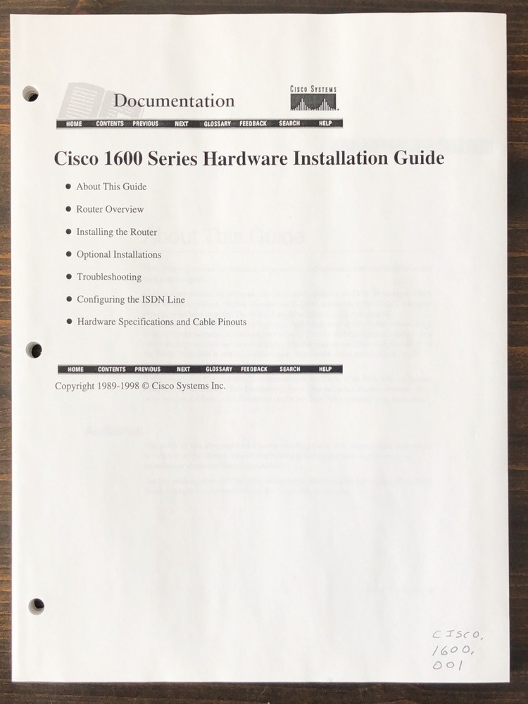 Cisco Systems - Cisco 1600 Series Hardware Installation Guide (1998)