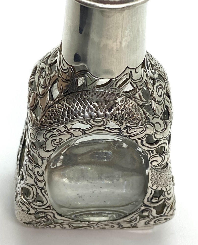 Antique Asian Signed Silver Overlay Dragon Pattern Bitters Bottle 5” 143g