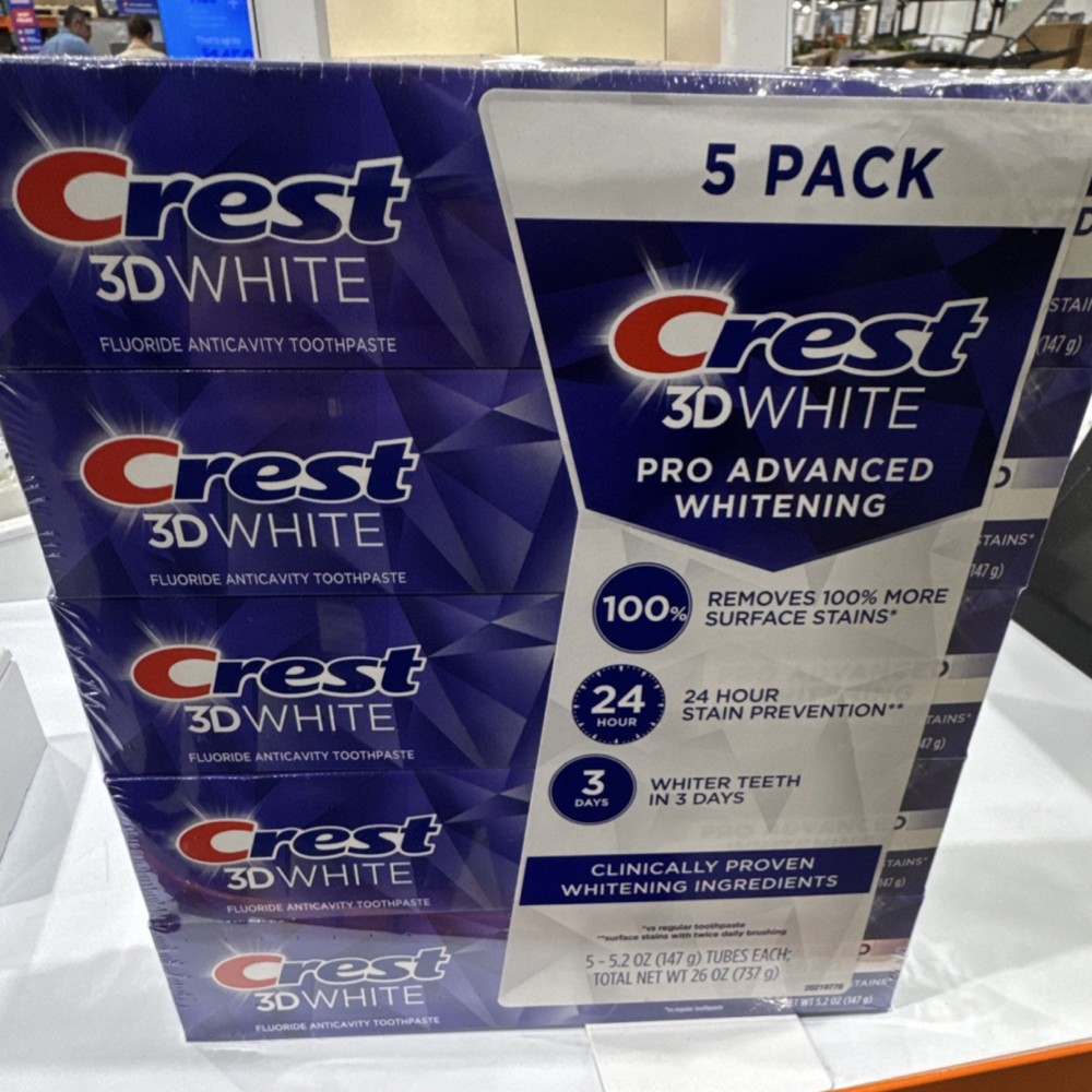 Crest 3D White Advanced Whitening Toothpaste 5 Pack 5.2oz Fluoride Mint NEW Seal